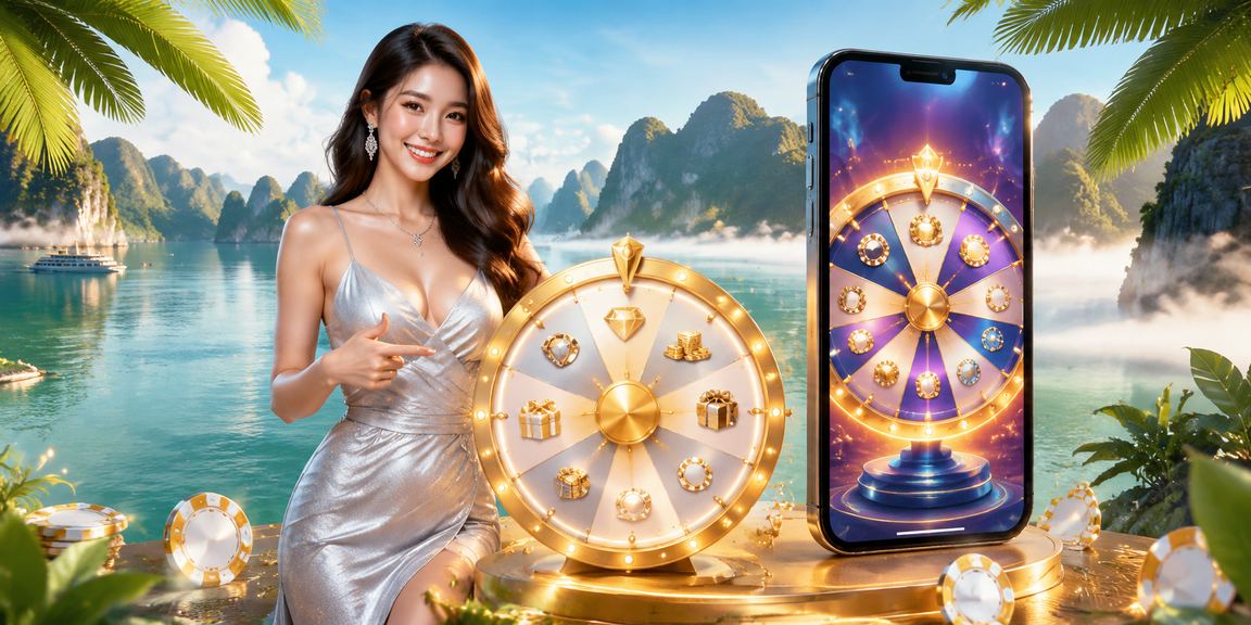 Người mẫu chơi roulette với phông nền vịnh Hạ Long lung linh